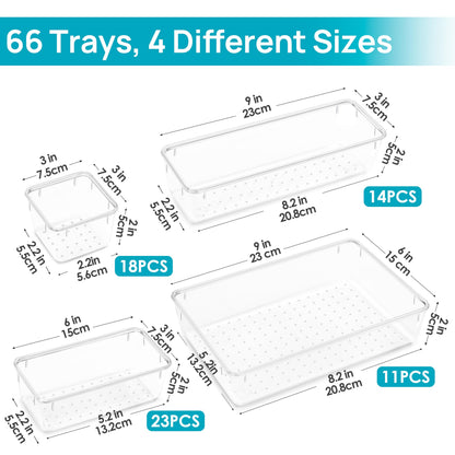 Vtopmart 25 PCS Clear Plastic Drawer Organizers Set, 4-Size Versatile Bathroom and Vanity Drawer Organizer Trays, Storage Bins for Makeup, Bedroom, Kitchen Gadgets Utensils and Office
