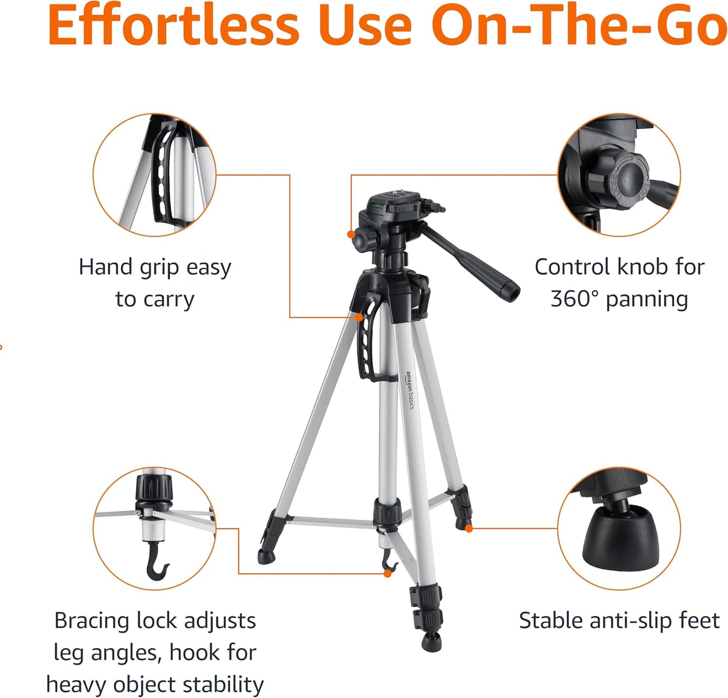 Amazon Basics 50-inch Lightweight Portable Camera Tripod Stand with Quick-Release Plate, Adjustable Height, Aluminum, for Travel Photography, Champagne