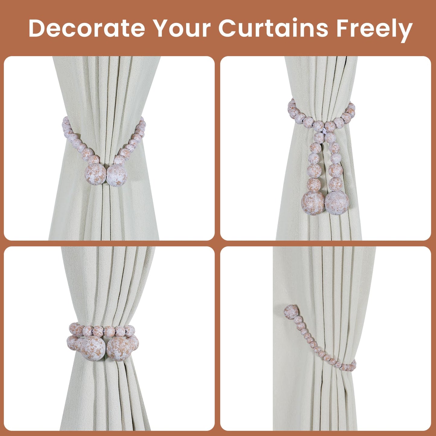 KLOGTSIND Magnetic Curtain Tiebacks, Curtain Holdbacks for Curtains 2 Pack, Wood Bead Curtain Holders for Boho Bedroom Decor, Baby Nursery Decor, Farmhouse Decor