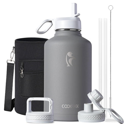 Half Gallon Water Bottle Insulated with Straw & 3 Lids, Coolflask 64 oz Water Jug Large Metal Stainless Steel Wide Mouth for Sports, Gym or Office, Non-BPA Keep Cold 48H Hot 24H, Samurai Cyan