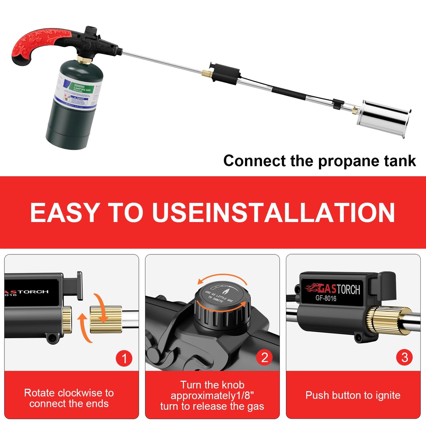 Sondiko Propane Torch Weed Burner, High Output Weed Torch Flamethrower, 30" Detachable Long Arm Heavy Duty Blow Torch For Garden, Wood, Ice, Snow, Melting(PROPANE TANK NOT INCLUDED)
