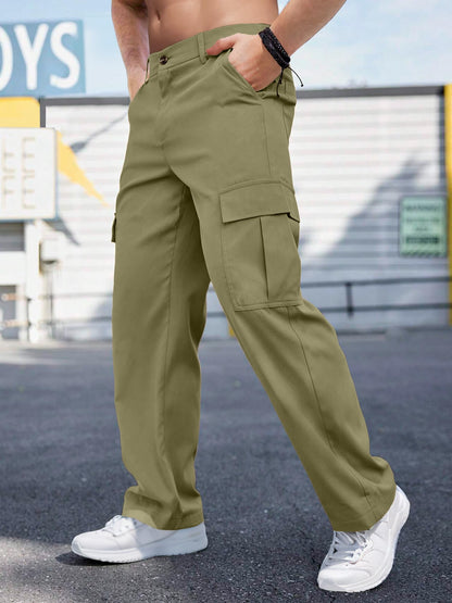 Comdecevis Mens Casual Cargo Pants Baggy Straight Leg Sweatpants with Large Flap Pockets Hiking Sports Trousers
