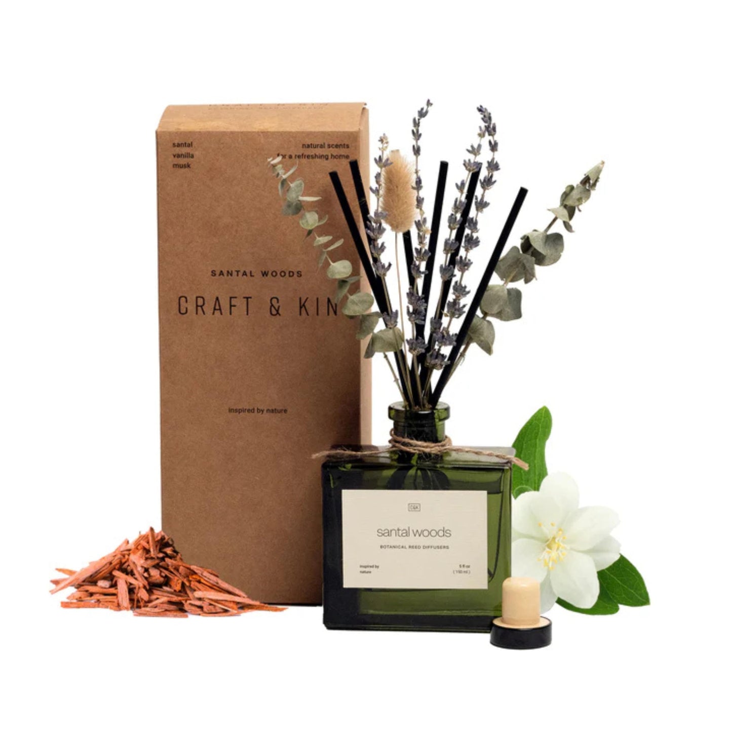 Craft & Kin Reed Diffuser with Dried Flowers | 5 oz Stone Fruit & Sage Scented Holiday Reed Diffusers for Home, Bathroom | Scent Sticks | Elegant Fragrance Home Decor for Men & Women