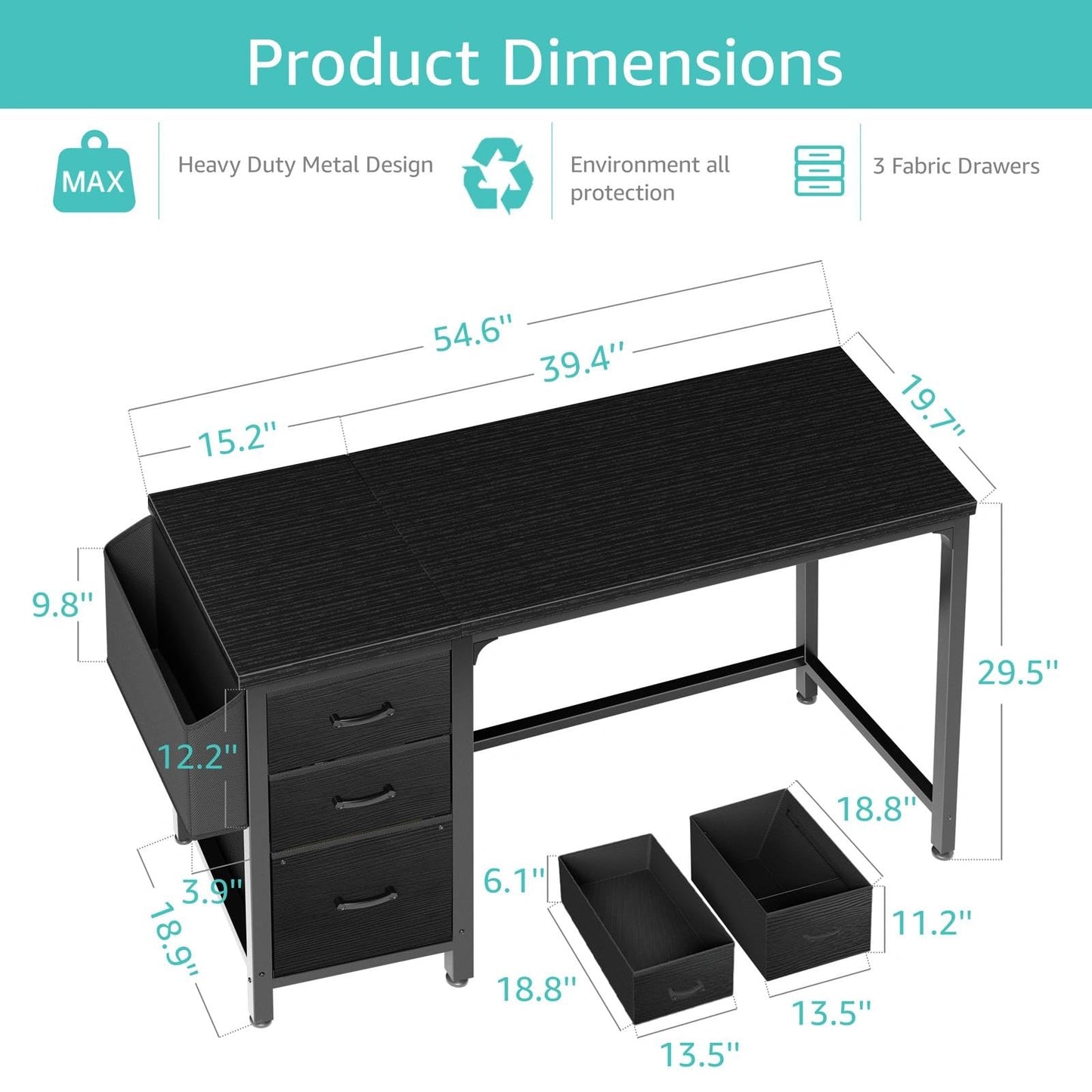 Lufeiya Computer Desk with File Drawers Cabinet, 47 Inch Reversible Home Office Desks with Filing Cabinet for Small Space, Gaming Study Writing Table PC Desks, Black