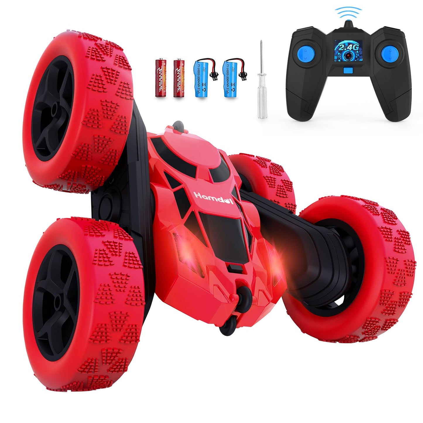 Hamdol Remote Control Car for Kids, 360° Rotating Double-Sided RC Car with LED Headlights, 4WD 2.4GHz Electric Rechargeable Toy Vehicle for Boys and Girls, Perfect Birthday