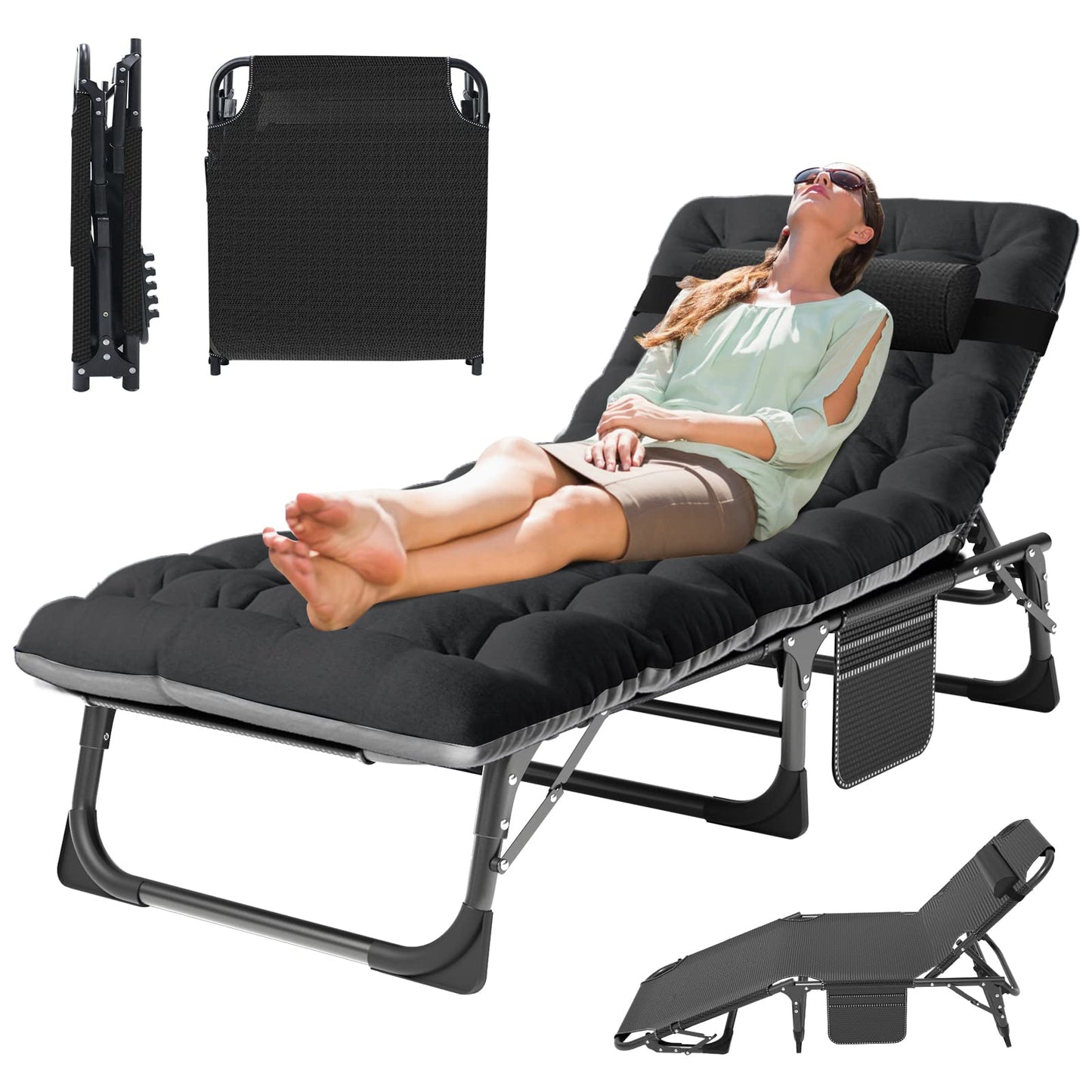MOPHOTO Folding Lounge Chair 5-Position, Folding Cot, Portable Outdoor Chaise Lounge Chair for Sun Tanning, Perfect for Pool Beach Patio Sunbathing
