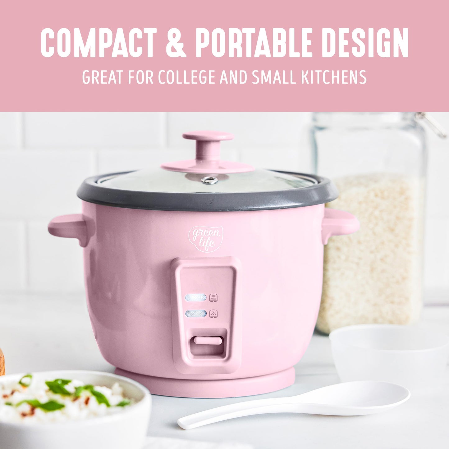 GreenLife Rice Cooker with Removable PFAS-Free Ceramic Nonstick Pot, 3-Cups Uncooked/6-Cups Cooked, Grains & Oatmeal Multicooker, Compact One-Switch Design, Auto Keep Warm, Easy Clean, Cream