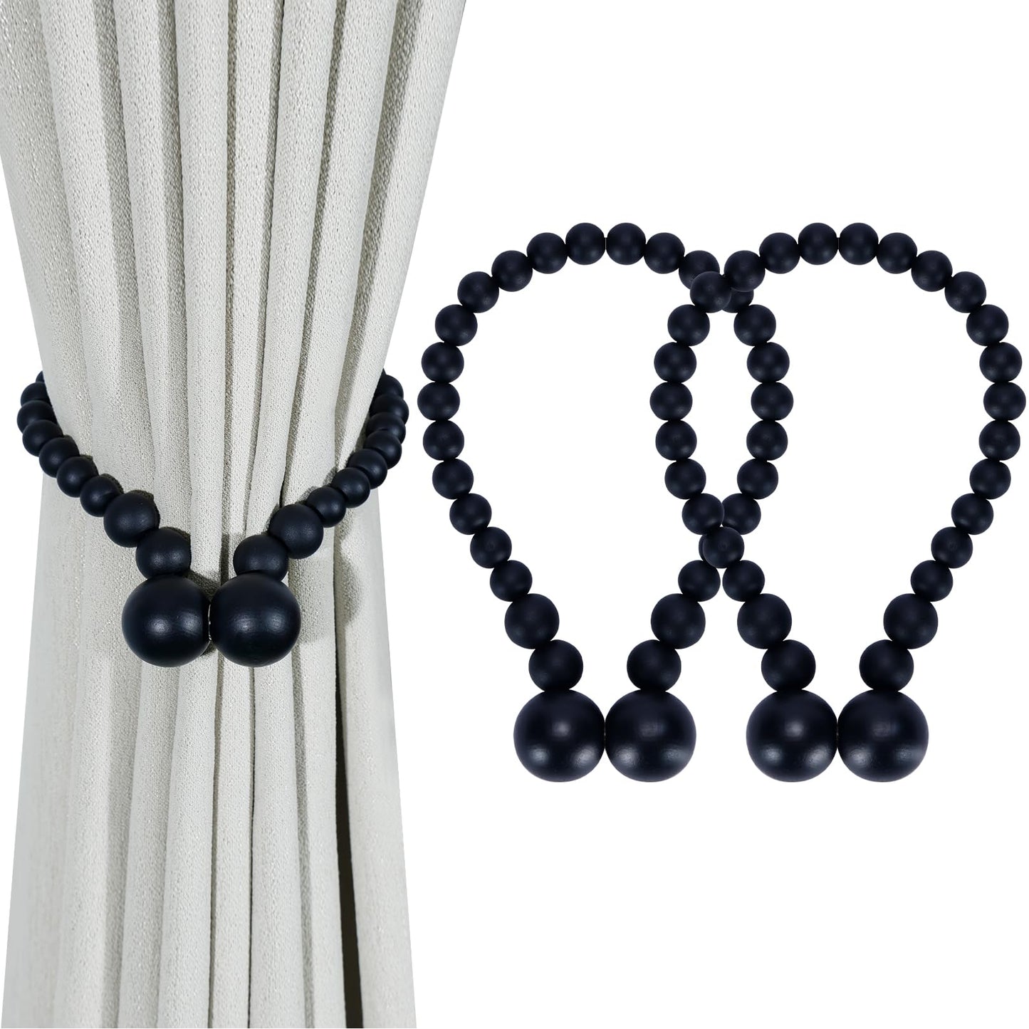KLOGTSIND Magnetic Curtain Tiebacks, Curtain Holdbacks for Curtains 2 Pack, Wood Bead Curtain Holders for Boho Bedroom Decor, Baby Nursery Decor, Farmhouse Decor