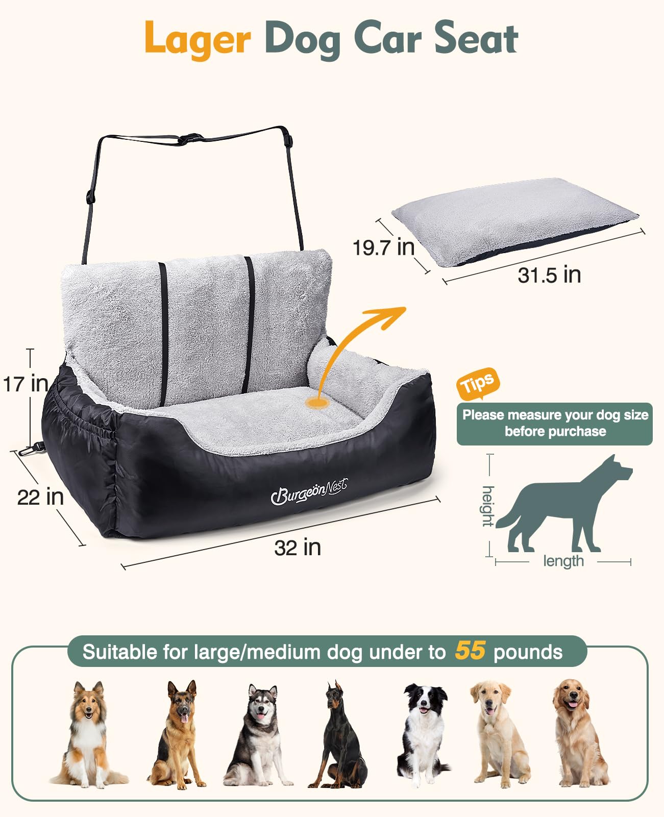 BurgeonNest Dog Car Seat for Small Dogs, Soft Pet Car Travel Home Bed Under 25 lbs, Fully Detachable and Washable Cat Booster Carseats with Storage Pockets and Clip-On Leash Portable Carrier,Black