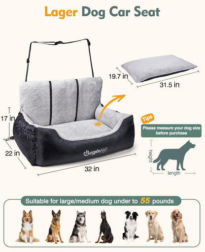 BurgeonNest Dog Car Seat for Small Dogs, Soft Pet Car Travel Home Bed Under 25 lbs, Fully Detachable and Washable Cat Booster Carseats with Storage Pockets and Clip-On Leash Portable Carrier,Black