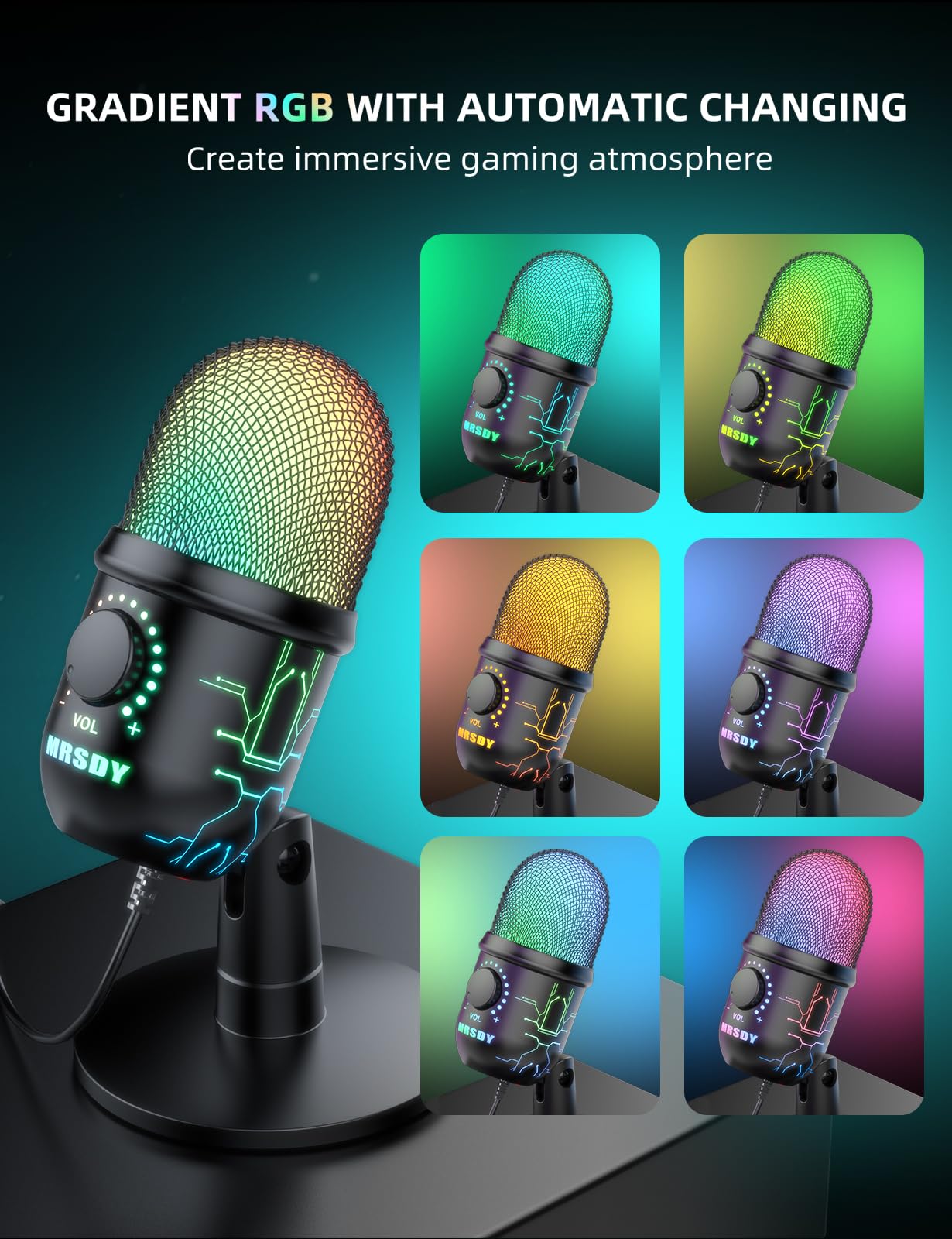 MRSDY USB Gaming Microphone for PC with Noise Reduction, Mute, Gain, RGB | Condenser Mic, Headphone Jack, Suitable for PC, Computer, PS4, PS5, Mac, Streaming, Podcasting, Recording, YouTube, Discord