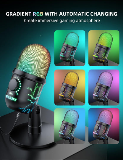 MRSDY USB Gaming Microphone for PC with Noise Reduction, Mute, Gain, RGB | Condenser Mic, Headphone Jack, Suitable for PC, Computer, PS4, PS5, Mac, Streaming, Podcasting, Recording, YouTube, Discord