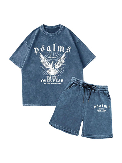 BEAUDRM Men's Y2k 2 Piece Vintage Outfits Punk Grunk Graphic Wash Short Sleeve T-Shirt and Drawstring Shorts Streetwear