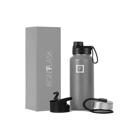 IRON °FLASK Camping & Hiking Hydration Flask with Straw, Wide Mouth Insulated Stainless Steel Sports Water Bottle - Midnight Black 24 oz - Straw (1 Lid)