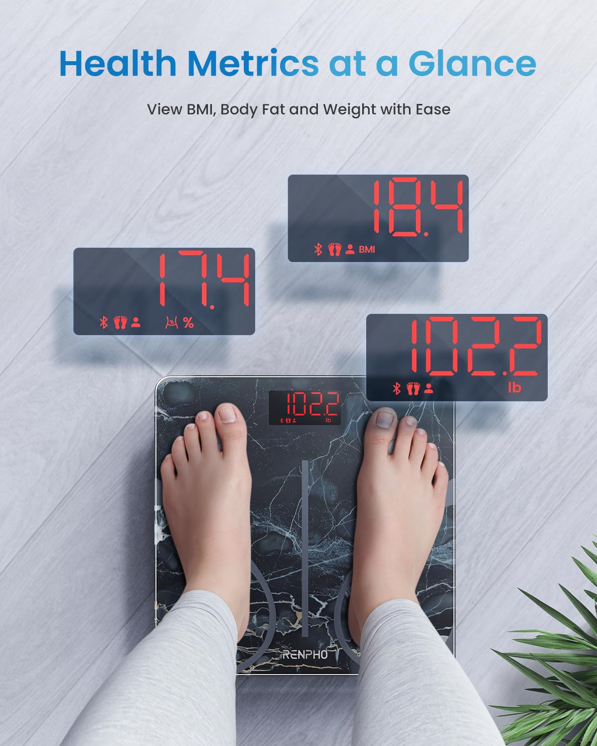 RENPHO Smart Scale for Body Weight, Tempered Glass Bathroom Digital Scale with BMI, Body Fat, Bluetooth Fitness Equipment Sync with Apps Accurate for Weight Loss, Home Use, 400 lbs – Elis 1