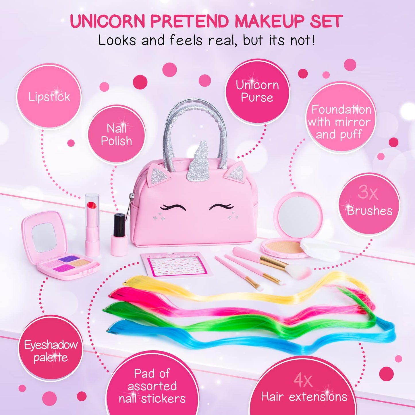 Kids Real Makeup Kit with Pink Unicorn Purse, Non Toxic Washable Make Up Set - Unicorn Toys for Girls Age 4-6, 5 Year Old Girl Birthday Gift Ideas, Toddler Little Girl Gifts 3 4 5 6 7 8 9 10 Years Old