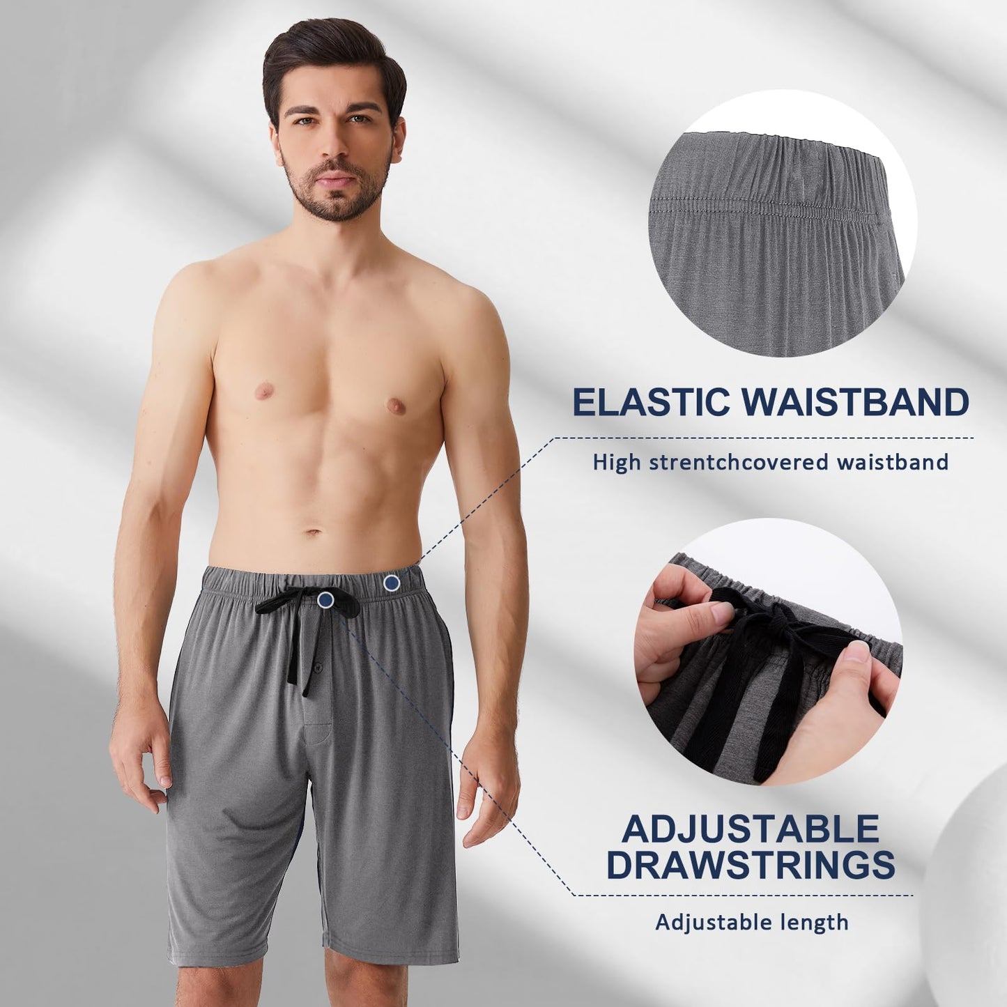 BAMBOO COOL Men's Pajama bottoms Lounge Sleep Shorts Soft Comfortable Breathable Pajamas Shorts with Pockets 2 Pack