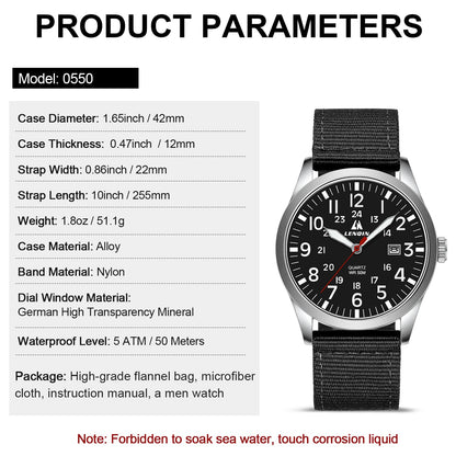 LN LENQIN Mens Watches Unisex Military Sport Nylon Strap Stylish Luminous Fashion Analog Quartz Watch for Men Waterproof Army Tactical Casual Wristwatch