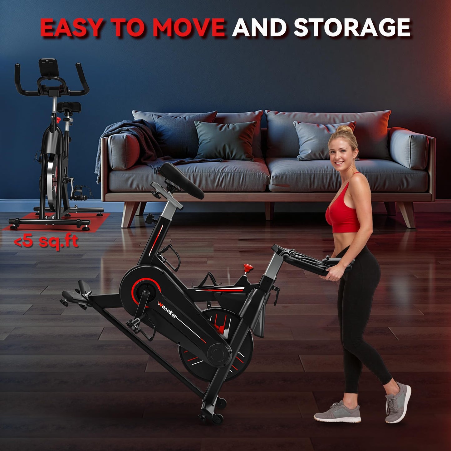 Wenoker Exercise Bike,Indoor Spin Bike with Adjustable Resistance Bluetooth Fitness App, 350 LBS Heavy Duty Frame,Smooth Quiet Belt Drive, Adjustable Handlebars & Seat with Transport Wheels