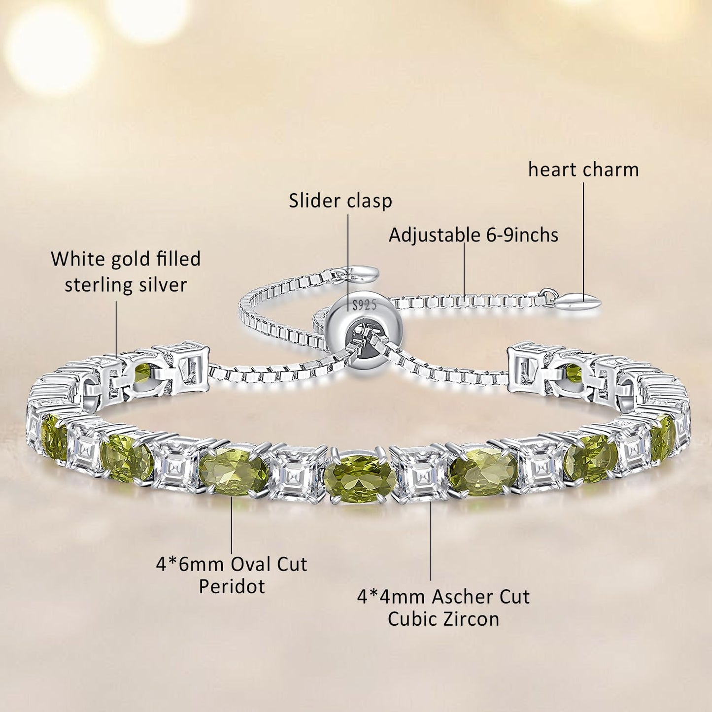 Sterling Silver Birthstone Bracelets for Women White Gold Tennis Bracelets Adjustable Chain 6-9 Inchs Jewelry Hypoallergenic Anniversary Birthday Gifts for Women Mom Wife Her