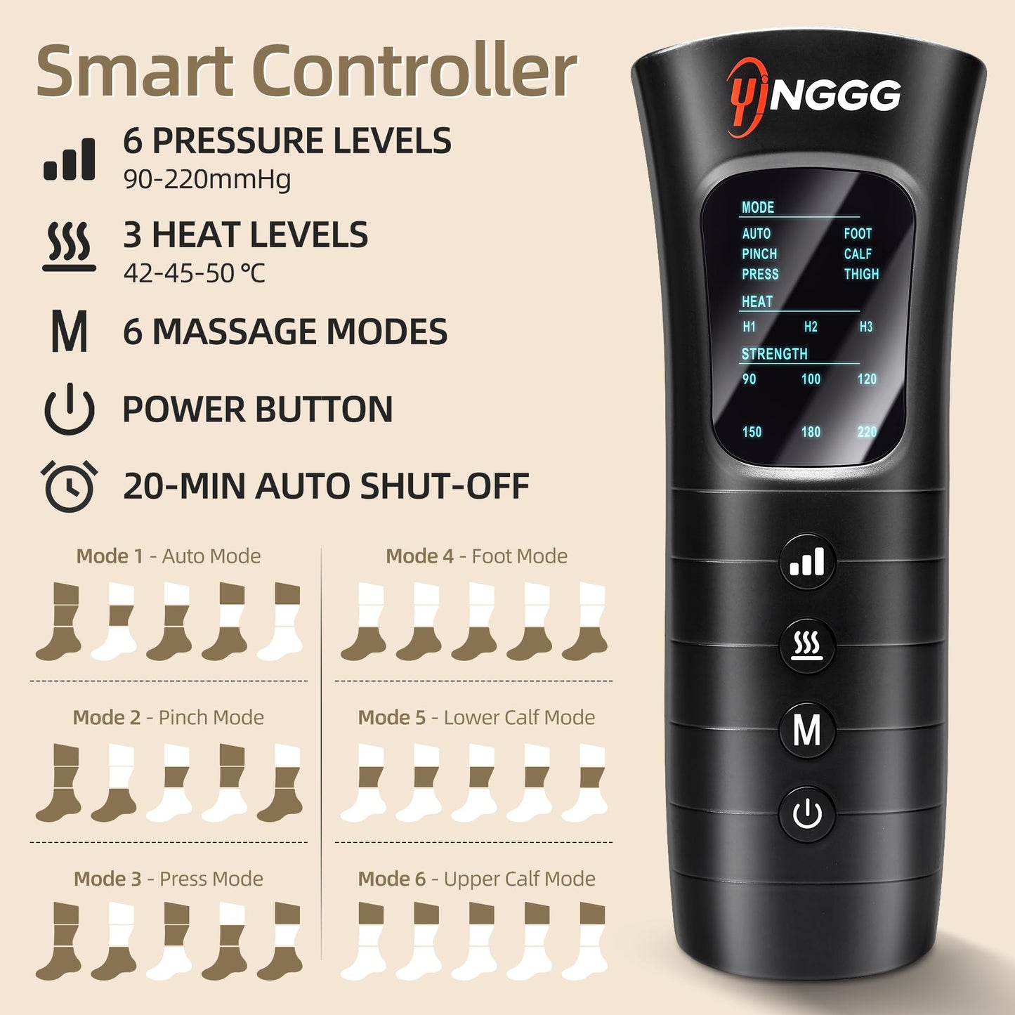 YINGGG Leg Massager with Heat and Compression - Foot and Calf Massage Sleeve with 3 Heat, 6 Intensities, 6 Modes, Compression Boots for Circulation and Pain Relief