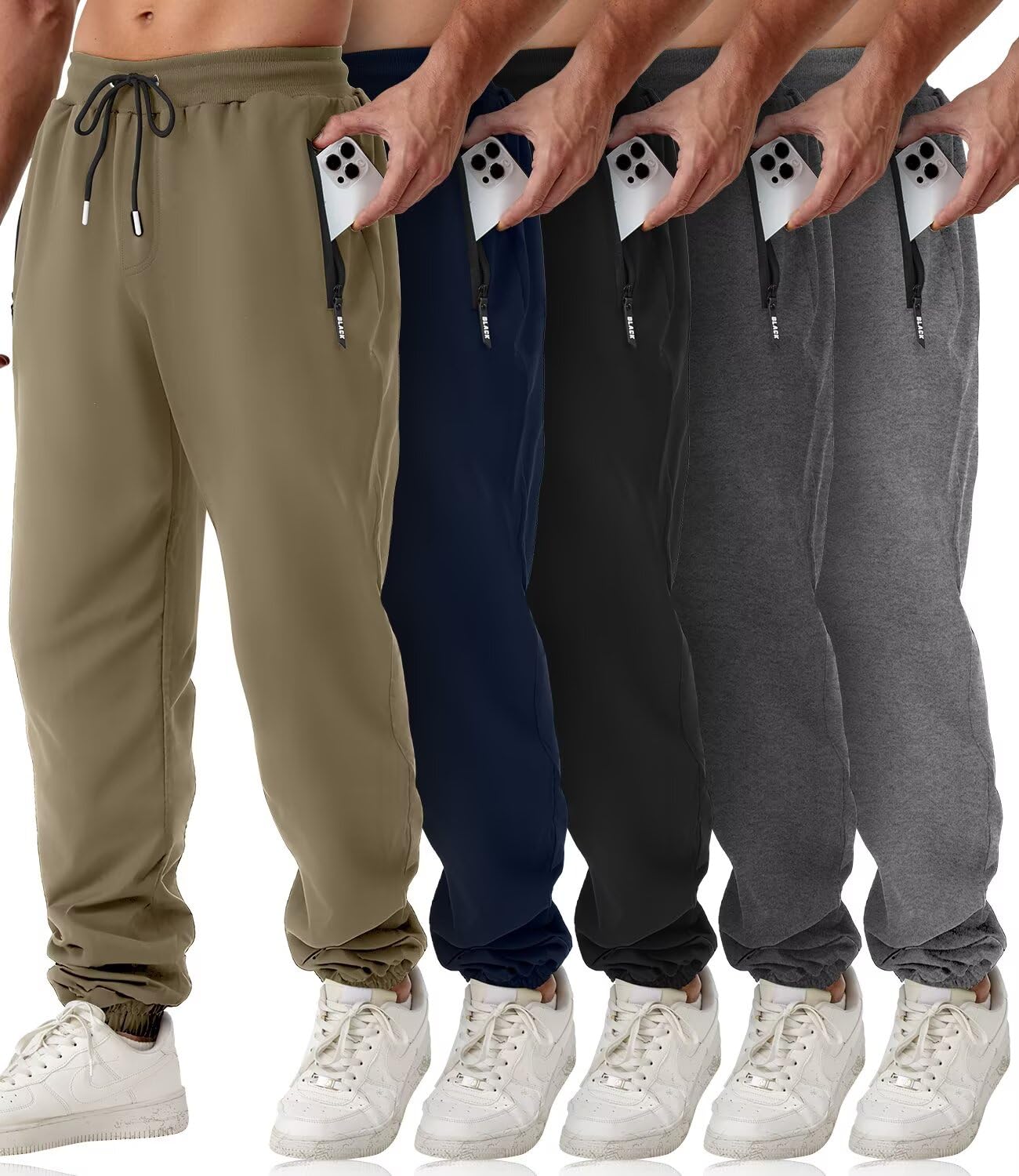 Mens Sweatpants with Zipper Pockets 5 Pack Athletic Joggers for Men Warm Slim Fit Track Workout Running Sweat Pants
