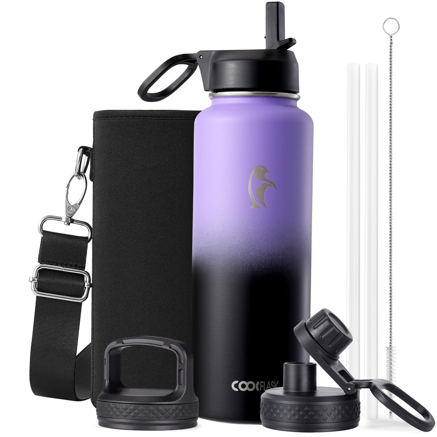 Half Gallon Water Bottle Insulated with Straw & 3 Lids, Coolflask 64 oz Water Jug Large Metal Stainless Steel Wide Mouth for Sports, Gym or Office, Non-BPA Keep Cold 48H Hot 24H, Samurai Cyan