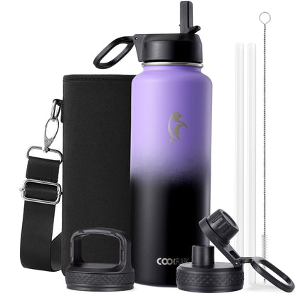 Half Gallon Water Bottle Insulated with Straw & 3 Lids, Coolflask 64 oz Water Jug Large Metal Stainless Steel Wide Mouth for Sports, Gym or Office, Non-BPA Keep Cold 48H Hot 24H, Samurai Cyan
