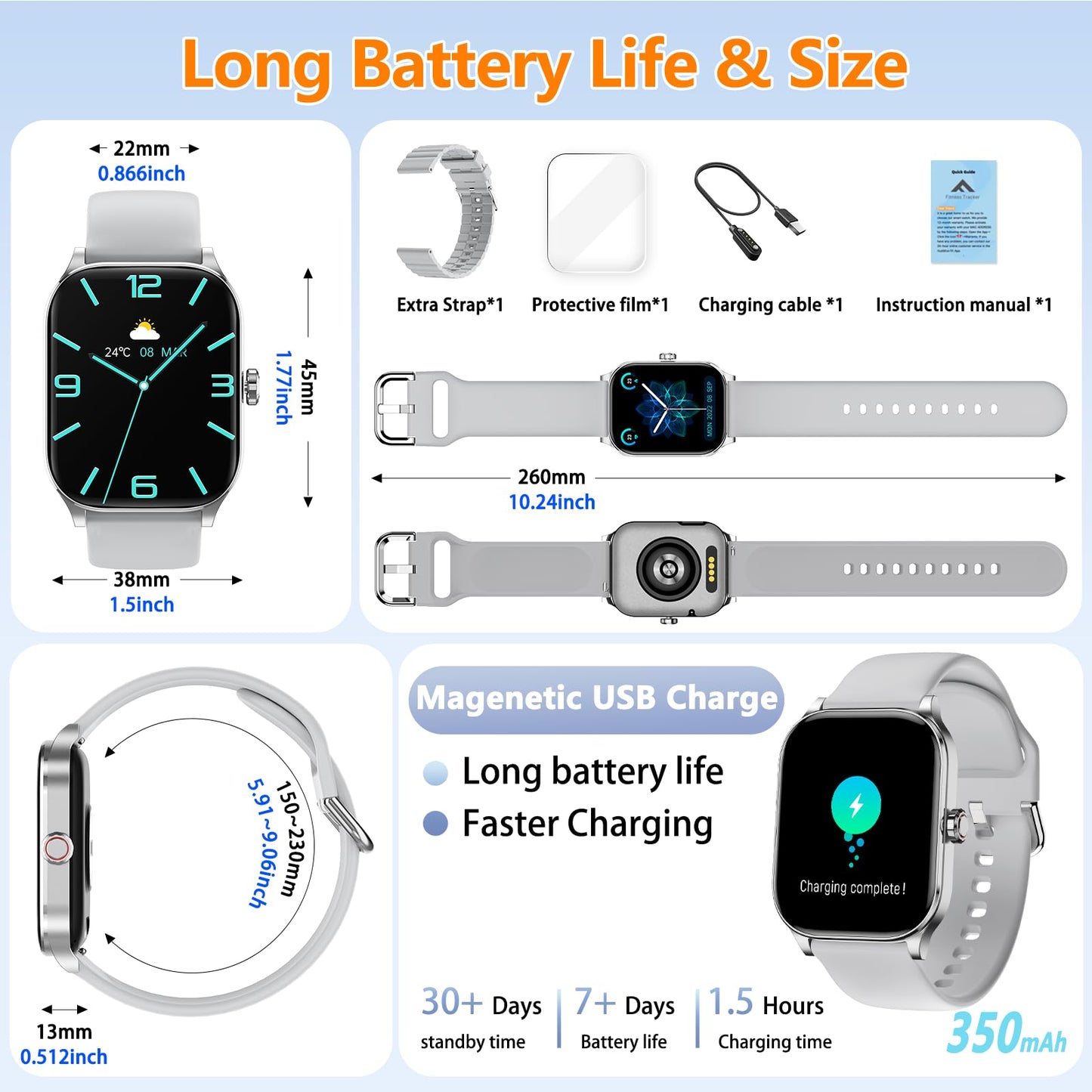 Smart Watch for Women Men, GPS Smartwatches with Heart Rate/SpO2/Sleep/Stress Monitor, 100+ Sports Fitness Watches, IP68 Waterproof Activity Tracker for Android/ iOS Phone (Silver, 1.96"_GPS+Map)