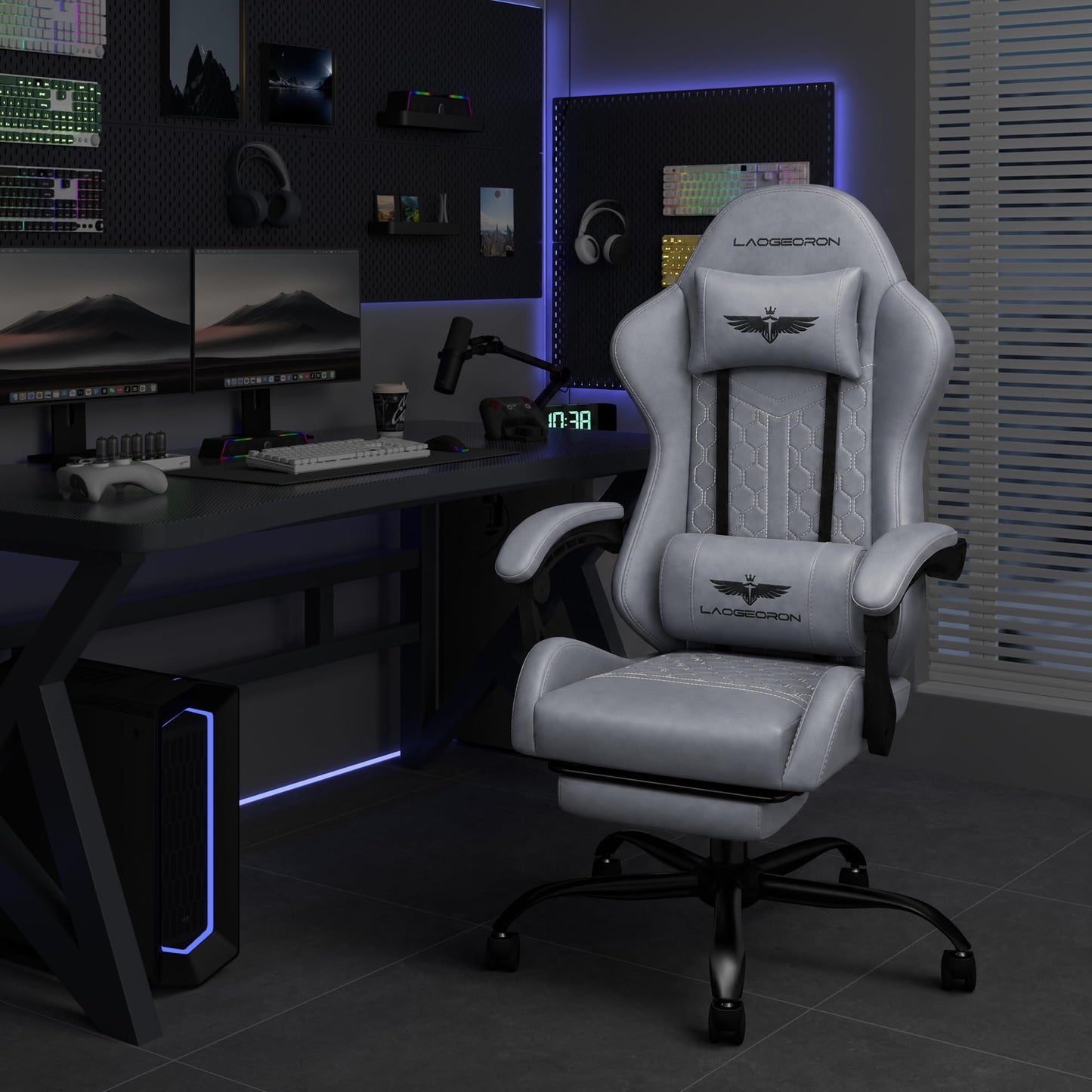 Ergonomic Gaming Chair, RGB LED Lights Computer Chairs with Retractable Footrest, 400 lbs Lumbar Support Linked Armrests Gamer Chair High Back Heavy Duty Video Game Chairs (Black Red)