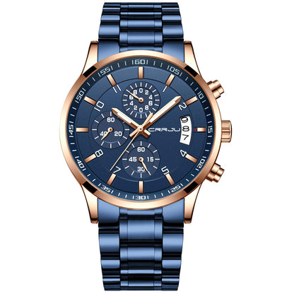 CRRJU Men's Fashion Stainless Steel Watches Date Waterproof Chronograph Wristwatches,Black Steel Band Waterproof Quartz Watch for Men