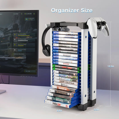 ASFSKY Video Game Storage Tower - 24 Games Holder Stand with 2 Controller Hooks Universal Video Game Organizer Compatible with PS5, PS4, Xbox & Switch Games (23Pcs)