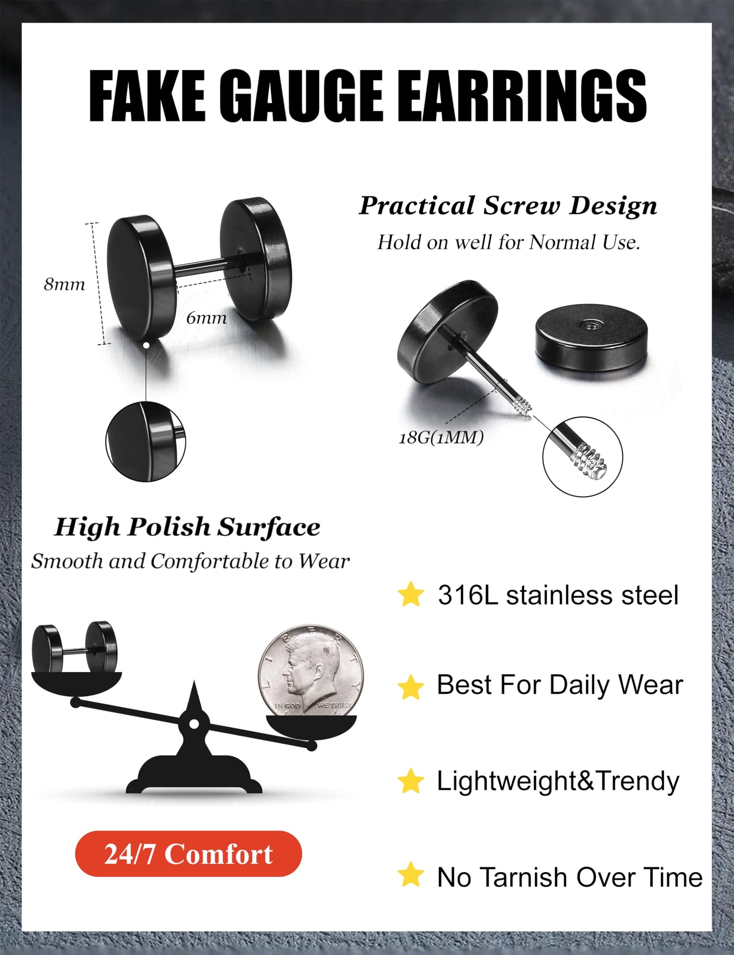 FIBO STEEL 6 Pairs Stainless Steel Black Stud Earrings for Men Women Faux Gauges Ear Tunnel Fake Gauge Earrings 3-8mm