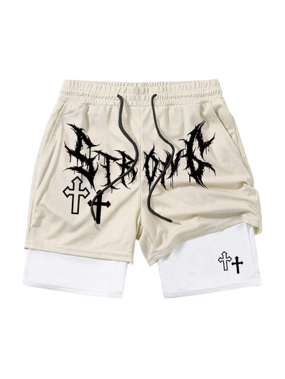 QJQ Men's 2 in 1 Goth Graphic Drawstring Elastic Waist Shorts Summer Casual Workout Athletic Gym Track Shorts