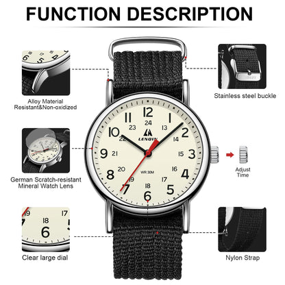 LN LENQIN Mens Watches Unisex Military Sport Nylon Strap Stylish Luminous Fashion Analog Quartz Watch for Men Waterproof Army Tactical Casual Wristwatch