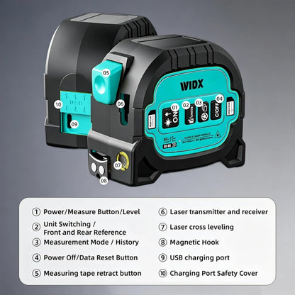 WIDX 3-in-1 Laser Tape Measure with Cross Line, 196ft Laser Rangefinder & 16ft Auto-Lock Tape Measure with Magnet, Laser Measuring Tape for in/Ft/M/Ft+n Unit, Linear/Area/Volume