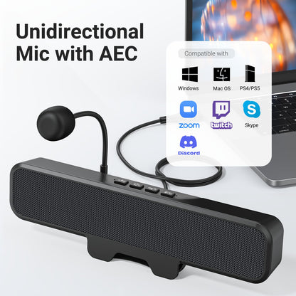 INGA Computer Speakers with Detachable Mic, Plug and Play Desktop Speakers, One-Touch Mute Microphone, Stereo & Bass, Easily Clamps to Monitor, Compatible with PC, MAC, Laptop