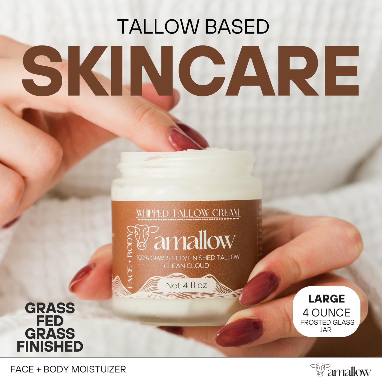 Amallow 100% Grass Fed Beef Tallow for Skin Care - Face + Body - Whipped Moisturizer for Sensitive Skin - Natural Lotion, 4 FL. oz. (Unscented + Jojoba Oil)