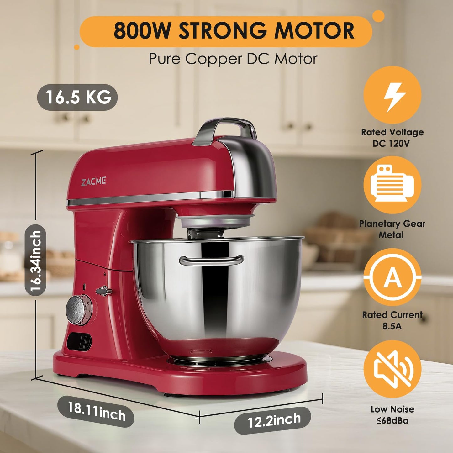 8.4QT Commercial Stand Mixer 800W with Aluminum Die Casting Meets the Standard of NSF/ANSI 8-2023, Mixers Kitchen Electric Stand Mixer with Stainless Steel 8L Bowl, Dough Hook, Whisk and Beater