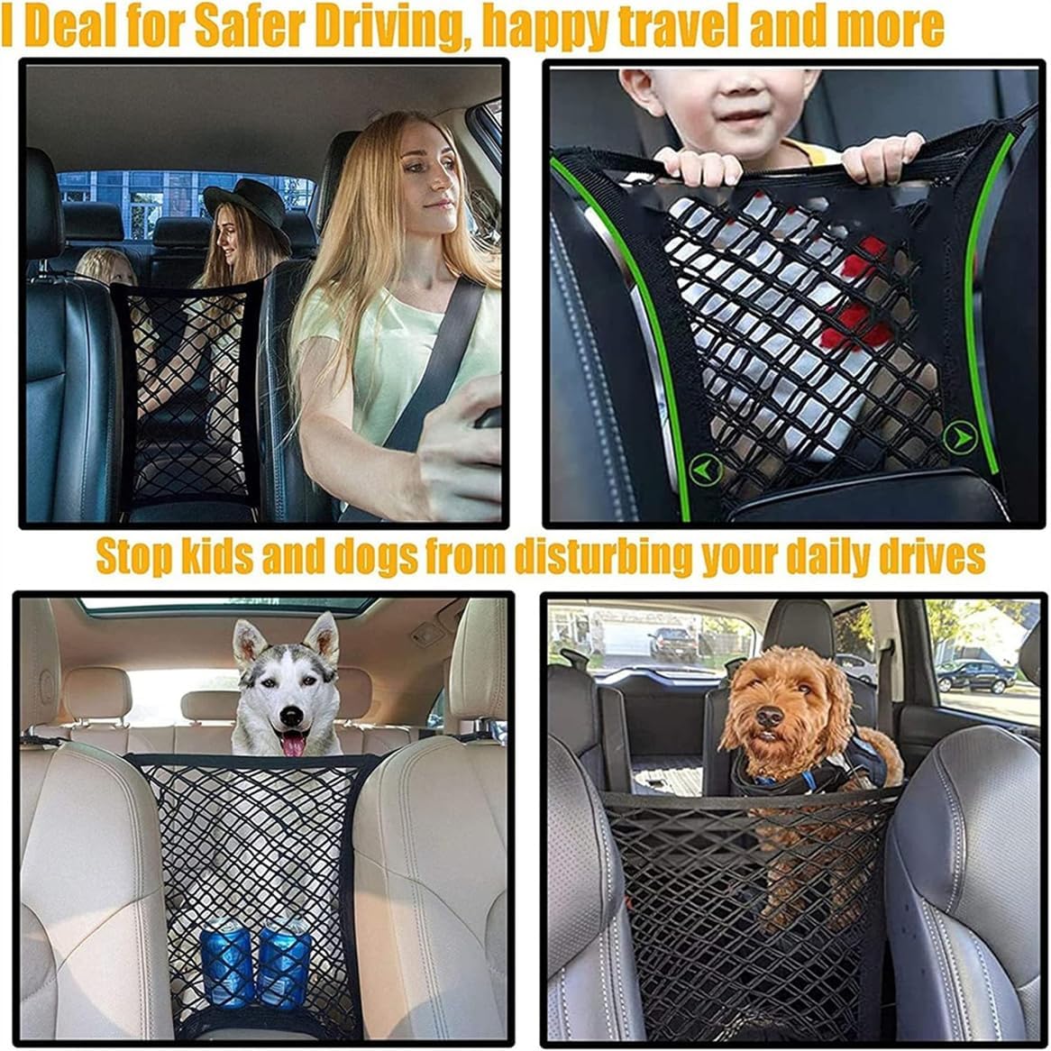 DYKESON Dog Car Barrier Net, Upgraded Pet Kids Divider with Mesh Organizer for Cars SUVs