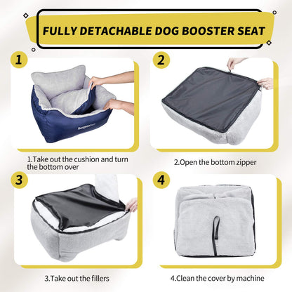 BurgeonNest Dog Car Seat for Small Dogs, Soft Pet Car Travel Home Bed Under 25 lbs, Fully Detachable and Washable Cat Booster Carseats with Storage Pockets and Clip-On Leash Portable Carrier,Black