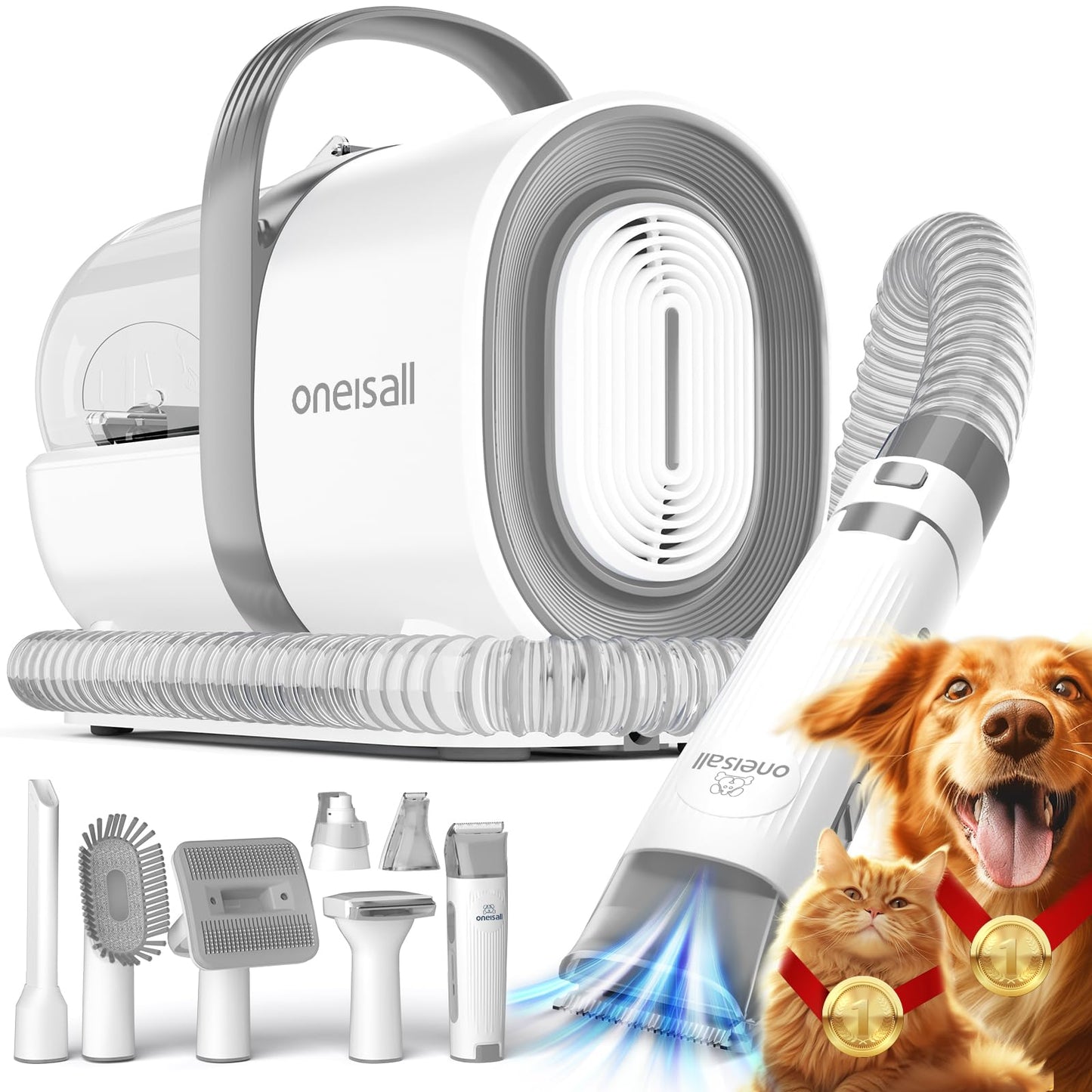oneisall Dog Grooming Vacuum, Pet Grooming Vacuum with Clipper Nail Grinder, 1.5L Dust Cup Dog deshedding Brush with 7 Tools for Shedding Pet Hair, Home Cleaning(Blue)