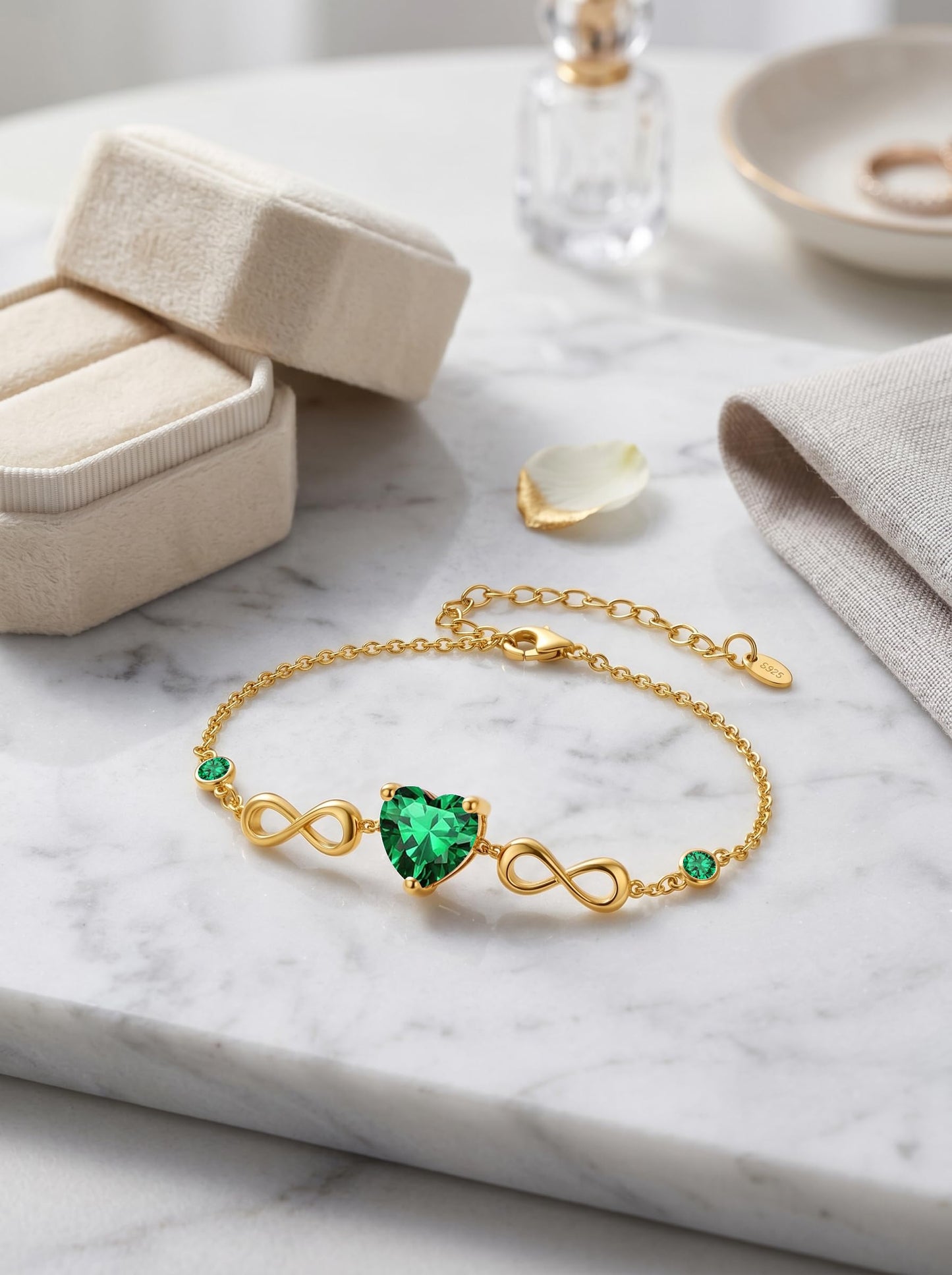 14K Gold Infinity Birthstone Bracelets for Women, Infinity Love Heart Birthstone Link Bracelets for Women, 14K Gold Plated Jewelry Birthday Gifts for Wife Girlfriend Mom, 7+2 Inch
