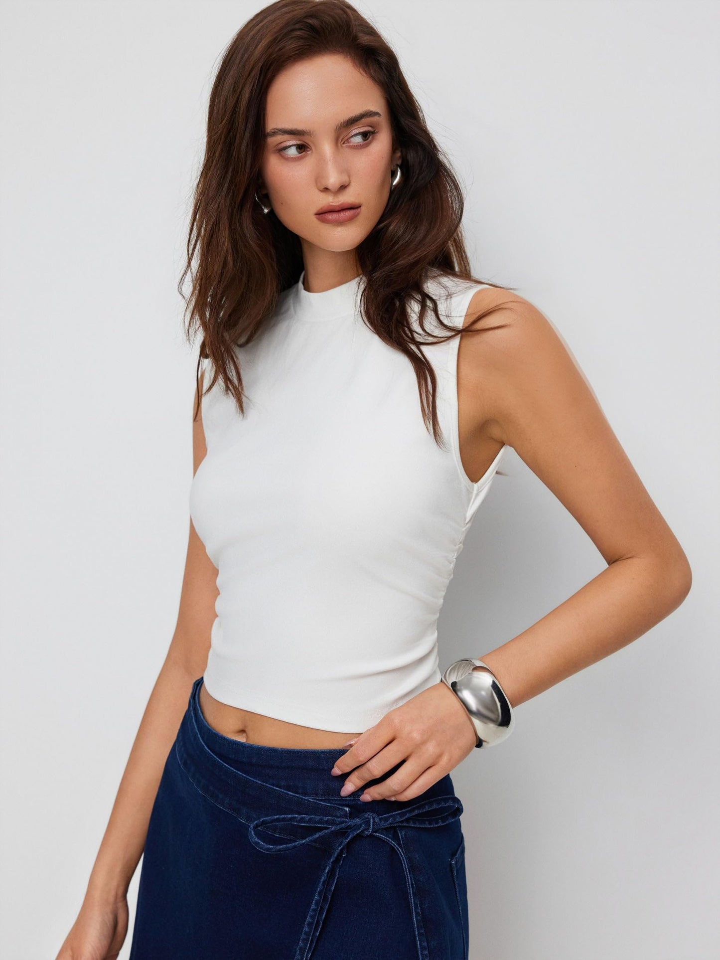 CIDER Womens Tank Tops Sleeveless High Neck Ruched Crop Tops Going Out Casual Basic Ribbed Shirt Summer Fashion Clothing