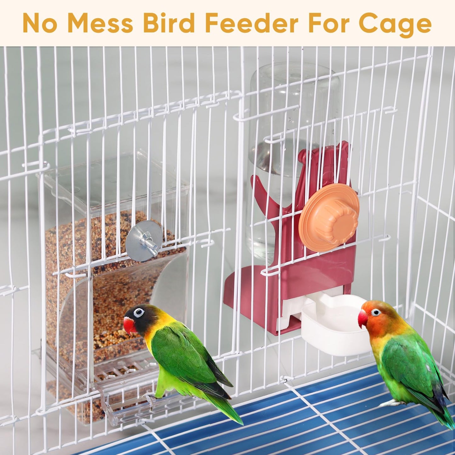 Kenond No Mess Bird Feeder Water Dispenser Set, Automatic Parrot Feeder Cage Accessories, Clear Parakeet Seed Container Food Drinker for Cage, Cockatiel Finch Lovebirds Budgies Canary (Blue)