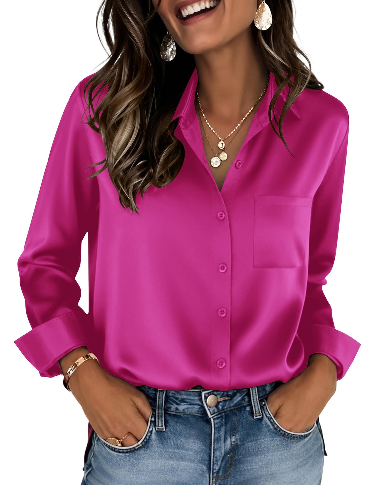 Zeagoo Womens Tops Satin Blouse Long Sleeve Shirts V Neck Dressy Casual | Button Down Business Outfits Fall Fashion With Pockets