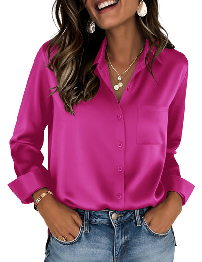 Zeagoo Womens Tops Satin Blouse Long Sleeve Shirts V Neck Dressy Casual | Button Down Business Outfits Fall Fashion With Pockets