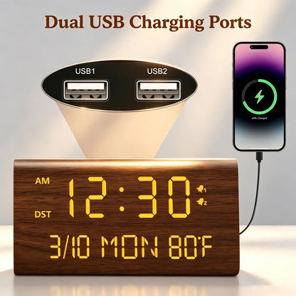 Kogonee Wooden Digital Alarm Clock, 0-100% Dimmer, 2 Alarm Settings, Weekday/Everyday Mode, 9 Mins Snooze, 12/24H, Temperature and Date Display for Office, Travel, Bedroom Alarm Clock (Brown)