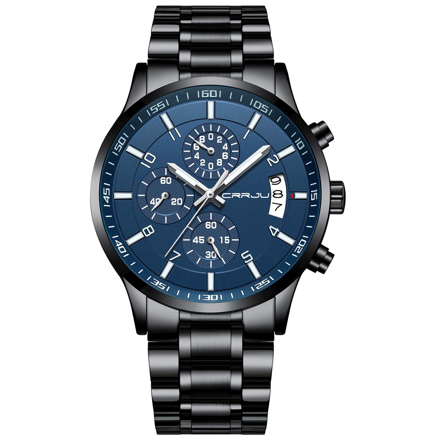 CRRJU Men's Fashion Stainless Steel Watches Date Waterproof Chronograph Wristwatches,Black Steel Band Waterproof Quartz Watch for Men