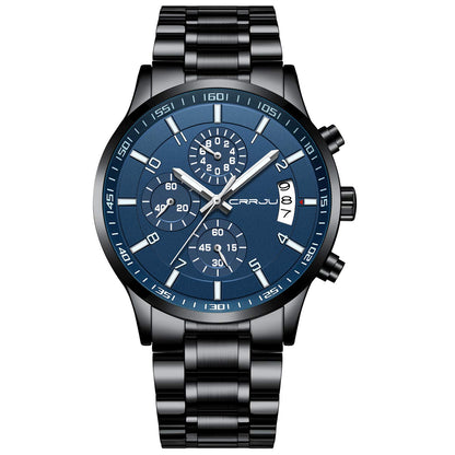 CRRJU Men's Fashion Stainless Steel Watches Date Waterproof Chronograph Wristwatches,Black Steel Band Waterproof Quartz Watch for Men